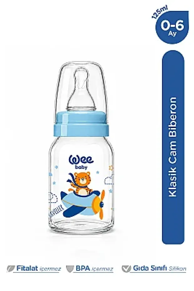 Wee Baby Klasik Dayanıklı Cam Biberon 125 Ml Yavaş Akış 0-6 Ay Mavi - 877