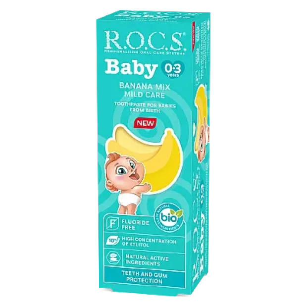 ROCS Baby 0-3 Yaş Muz Püresi Tadında Florürsüz Bebek Diş Macunu 45gr