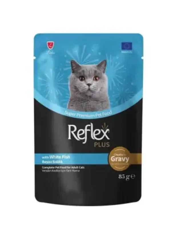 Reflex Plus Sos İçinde Et Parçacıklı Beyaz Balıklı Yetişkin Kedi Maması 85 G