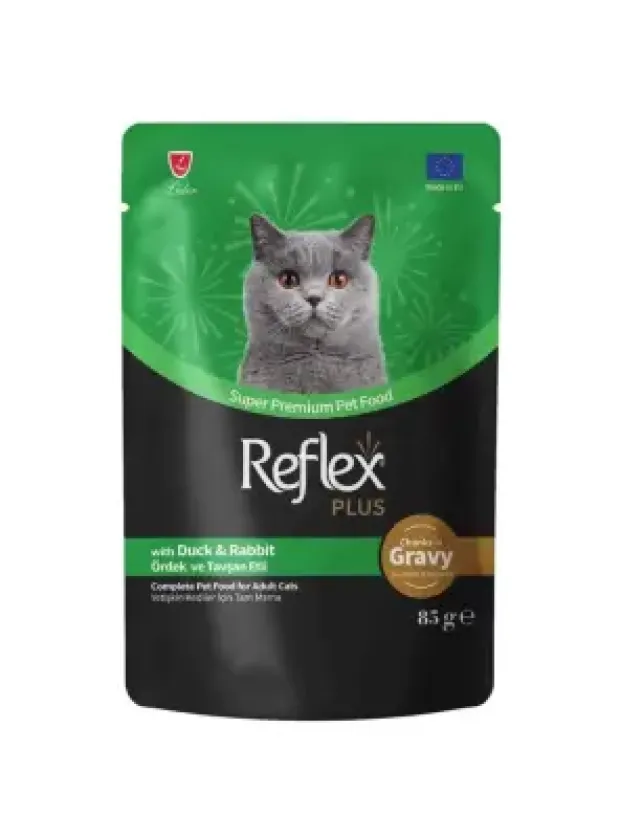 Reflex Plus Sos İçinde Et Parçacıklı Ördekli&Tavşanlı Yetişkin Kedi Maması 85 G