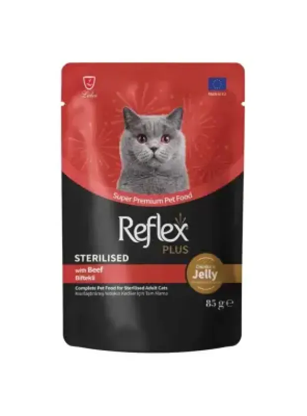 Reflex Plus Jöle İçinde Et Parçacıklı Biftekli Kısırlaştırılmış Yetişkin Kedi Maması 85 G