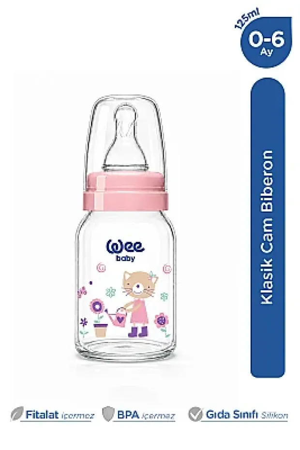 Wee Baby Klasik Dayanıklı Cam Biberon 125 Ml Yavaş Akış 0-6 Ay pembe - 877